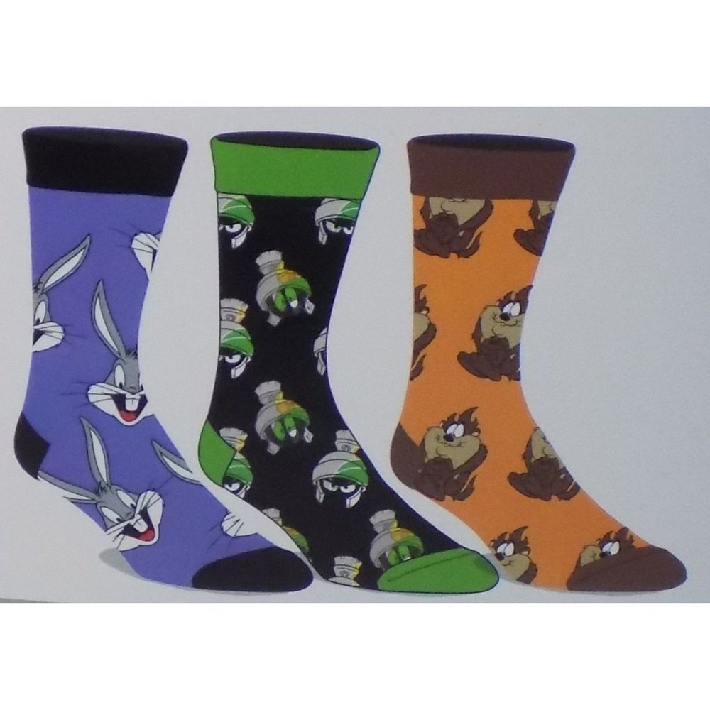 Looney Tunes Bug-Taz-Marvin the Martian Men's 3-Pack Size 8-12 Adult Crew Socks - Picture 1 of 5